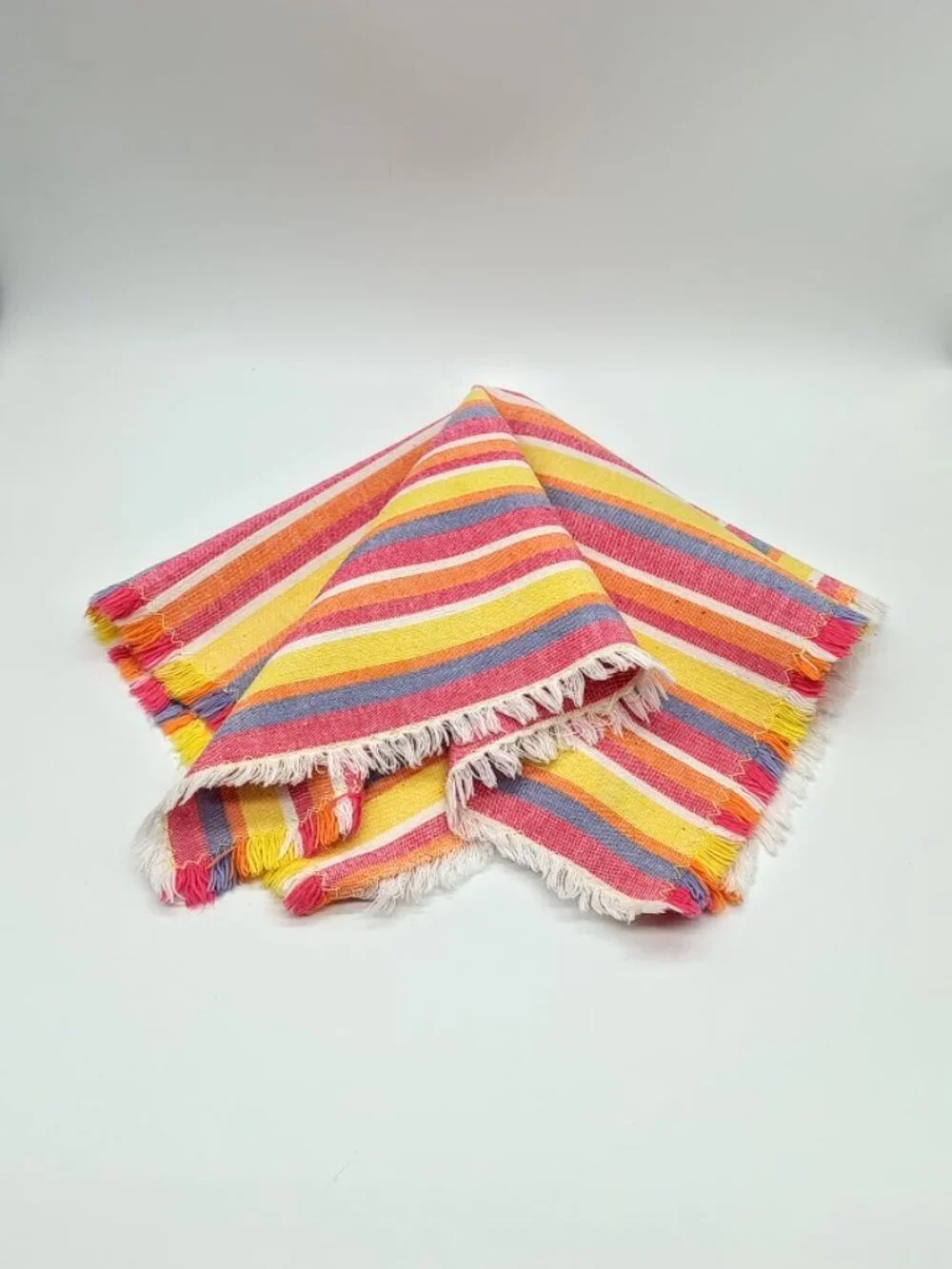 Set of 6 Striped Fringed Square Cotton Table Napkins